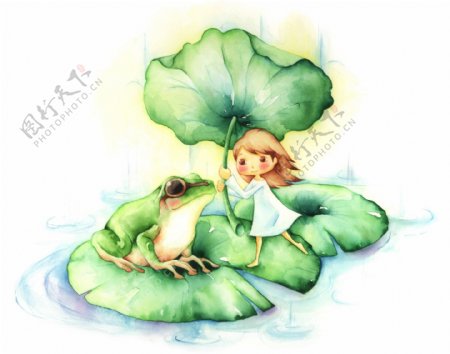 青蛙荷叶和小女孩彩绘PSD