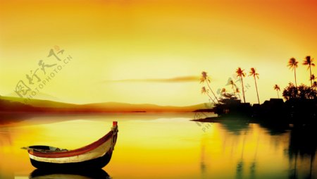 夕阳小船水面油画风景