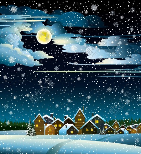 迷人的冬天的夜晚景观设计矢量图03