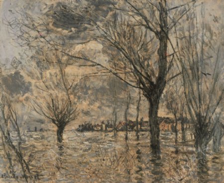 InondationdelaSeine脿Vetheuil1881风景建筑田园植物水景田园印象画派写实主义油画装饰画