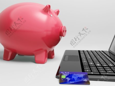 小猪在计算机显示银行对笔记本电脑