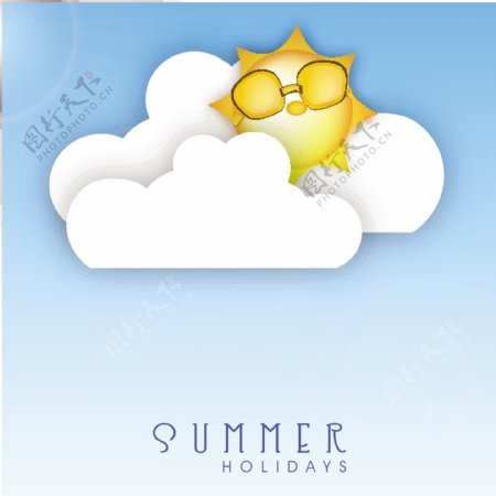 暑假的概念与太阳戴着眼镜蓝色背景上的云