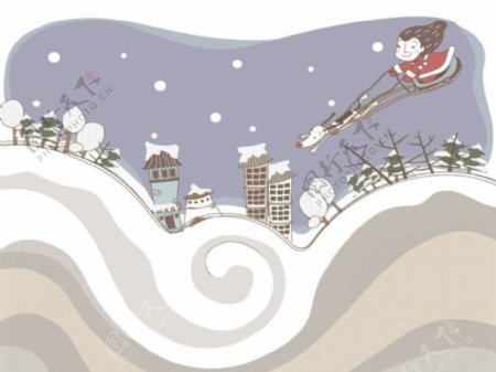 圣诞女孩雪橇狗淡彩手绘线条插画