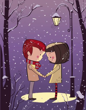 雪夜的卡通情侣