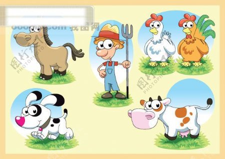 可爱农场系列矢量素材矢量卡通动物人物农夫马匹鸡奶牛小狗草地卡通素材