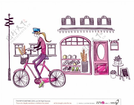 韩国手绘时尚女性生活卡通踩单车