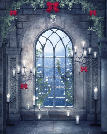 雪天月光下的城堡窗台