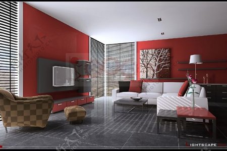 红色背景墙客厅装修设计3Dmax模型