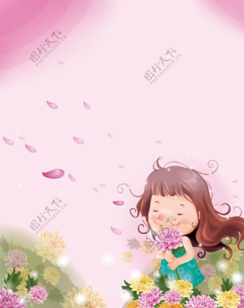 卡通女孩菊花粉色移门图片