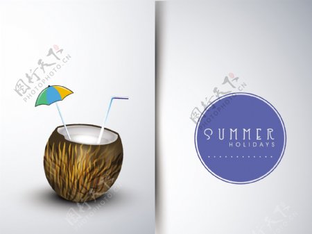 夏季的旗帜的椰子水和暑假标签