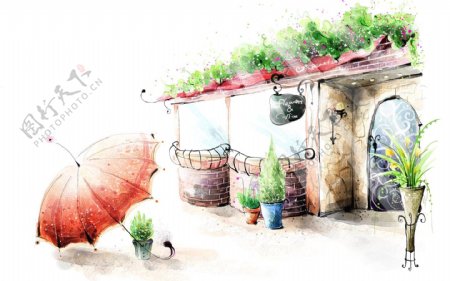 韩风手绘水彩插画休闲咖啡厅街景雨伞