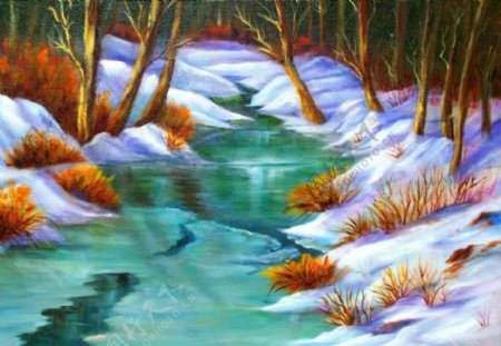 油画冬季河流图片