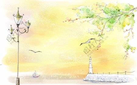 韩风手绘水彩插画日落灯塔