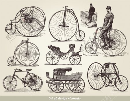 马车和早期自行车矢量素材