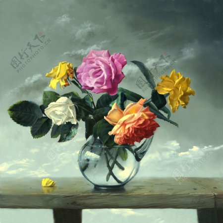 彩色玫瑰油画图片