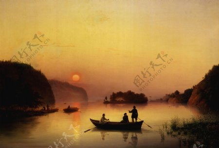 夕阳渔船图片