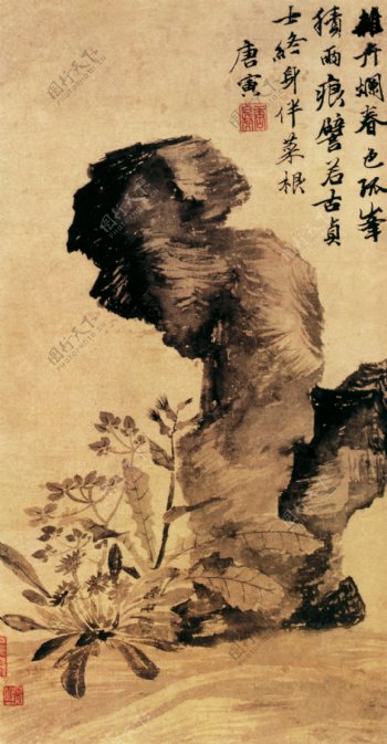 中国花鸟画名家唐寅书画真迹立石丛卉图