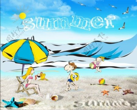 夏日沙滩卡通海报设计