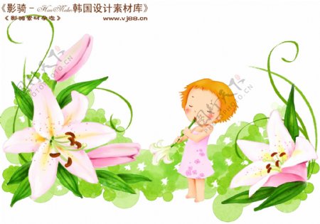 HanMaker韩国设计素材库背景卡通漫画可爱梦幻童年孩子女孩花丛花朵