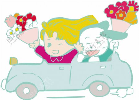 开车拿鲜花的小女孩和小兔子