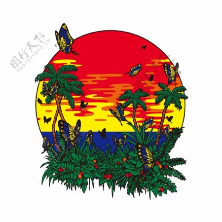 印花矢量图T恤图案植物椰树太阳免费素材