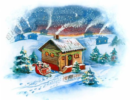 位图插画圣诞节小屋雪橇免费素材