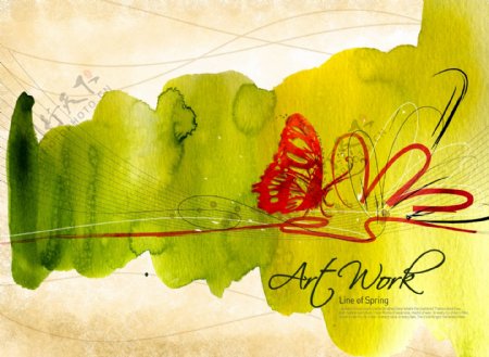 圆点线条爱心树叶蝴蝶手绘绘画房子树PSD分层素材源文件韩国花纹图库