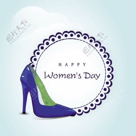 三八妇女节贺卡或海报以闪亮的蓝色女士鞋与你的信息标签的设计