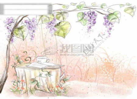 HanMaker韩国设计素材库背景淡彩色调意境绘画风格树藤树桩葡萄