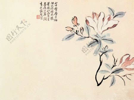 牡丹花竹子丹顶鹤白鹤梅花树枝柳絮飘絮杂草树干植物中国风中华艺术绘画