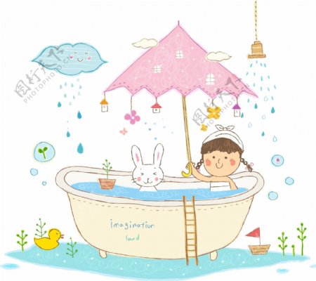 女孩与兔子在浴缸洗澡图片