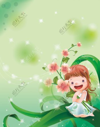 卡通女孩花朵绿叶移门图片