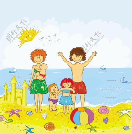 沙滩海滩幸福快乐的一家人图片