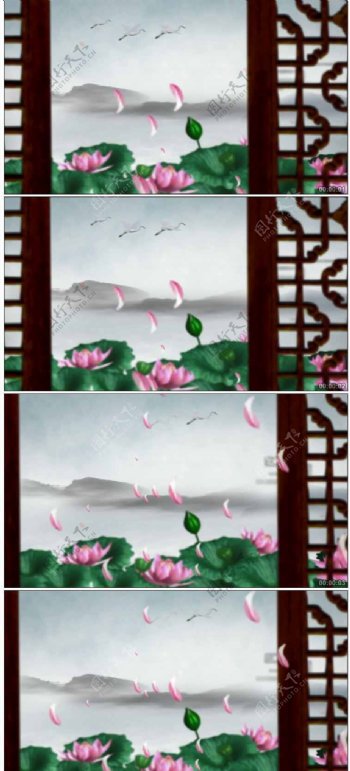 水墨仙境花瓣飘落高清动态视频素