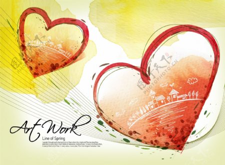 爱心花朵绘画线条卡通手绘色彩PSD分层素材源文件韩国花纹图库