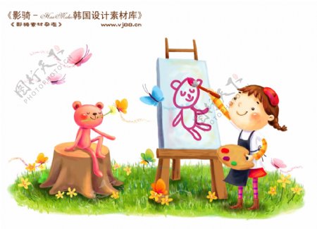 HanMaker韩国设计素材库背景卡通漫画快乐天真孩子儿童画画熊猫