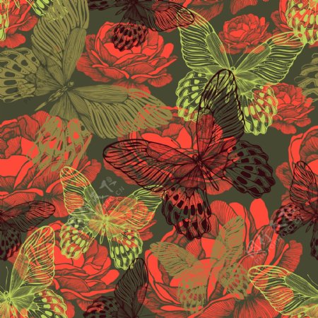 红色牡丹花与蝴蝶背景