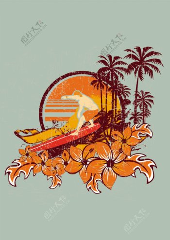 印花矢量图树海边棕榈棕色免费素材