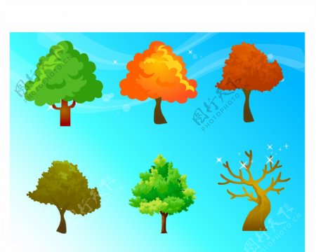 四季树木和梦幻背景矢量素材