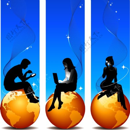 职业男性和女性坐在地球上的剪影矢量素材金