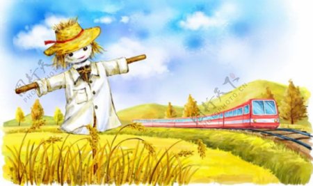 手绘麦田里的稻草人与列车插画
