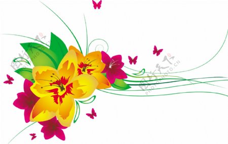 粉色蝴蝶和绿叶花朵插画