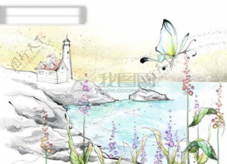 HanMaker韩国设计素材库背景淡彩色调意境绘画风格房屋湖畔花丛蝴蝶