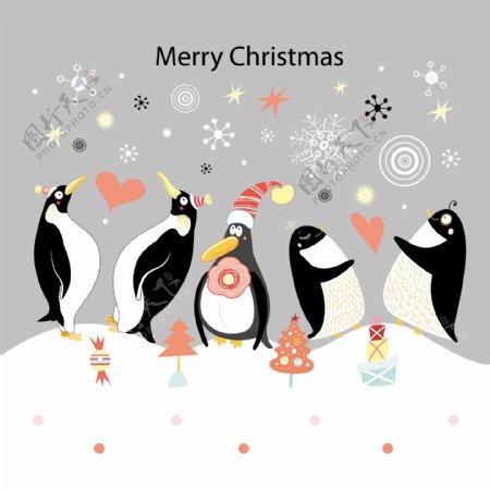 卡通圣诞节企鹅情侣矢量图片