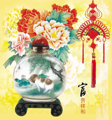 古典中国牡丹中国结富贵祥和挂画节日宣传单张