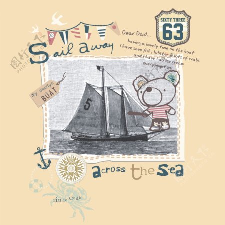 印花矢量图可爱卡通卡通动物小熊帆船免费素材