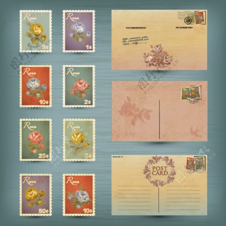 复古图案邮票明信片矢量素材