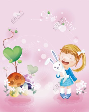 卡通白兔女孩蘑菇爱心