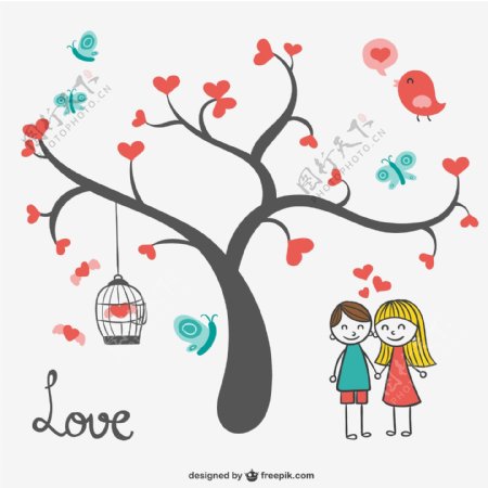 卡通爱心树与情侣