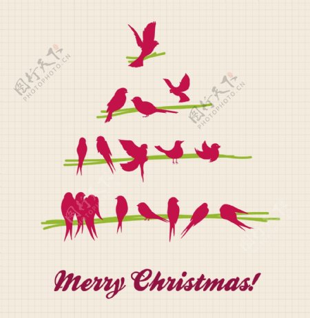 可爱的小鸟和圣诞树矢量素材